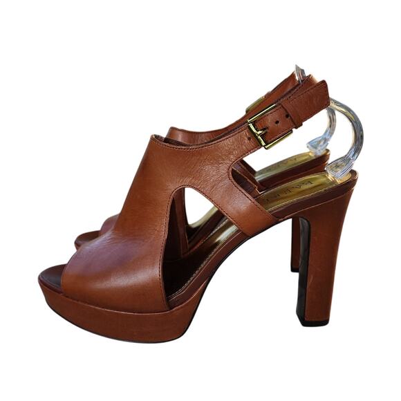 Lauren Ralph Lauren Synthia Cognac Leather Platform Slingback Sandals 10 - Picture 14 of 15